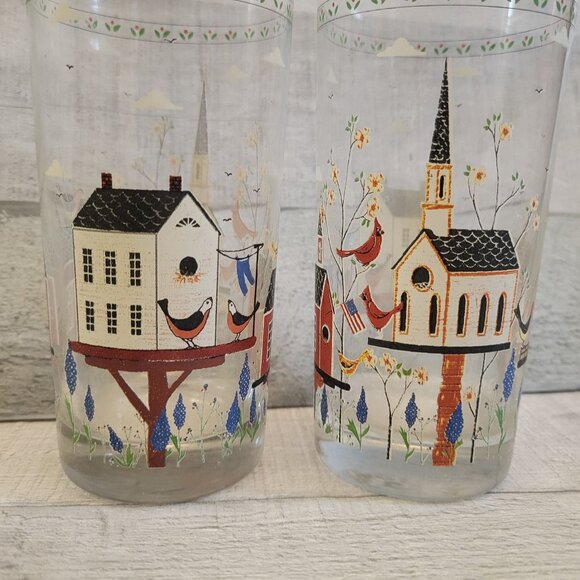 Vintage Warren Kimble Americana Birdhouse Glass Tumbler Set Of 2 - Picture 2 of 4